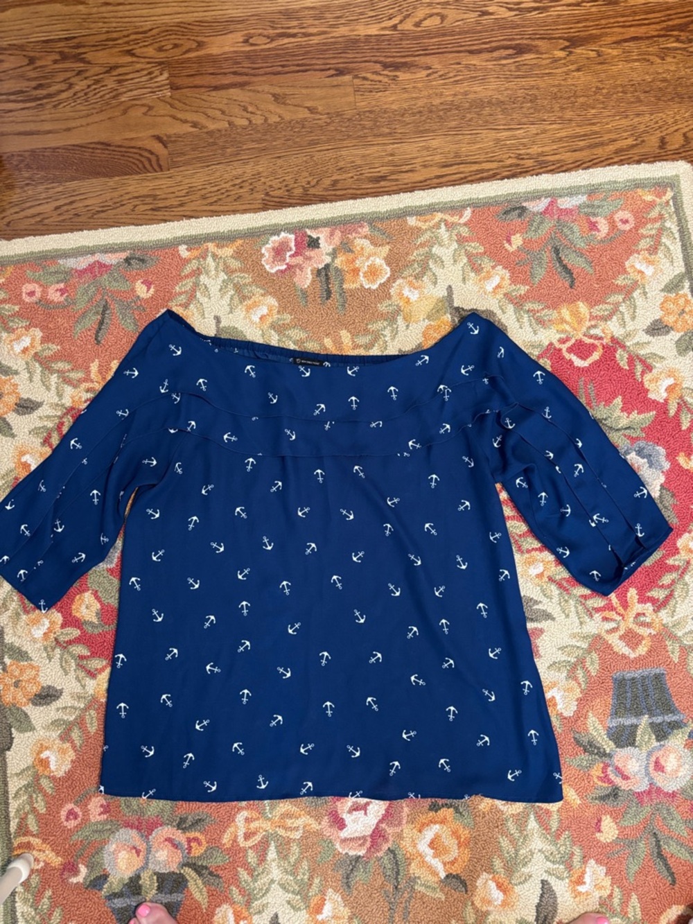Navy Anchor Print Off-Shoulder Top
